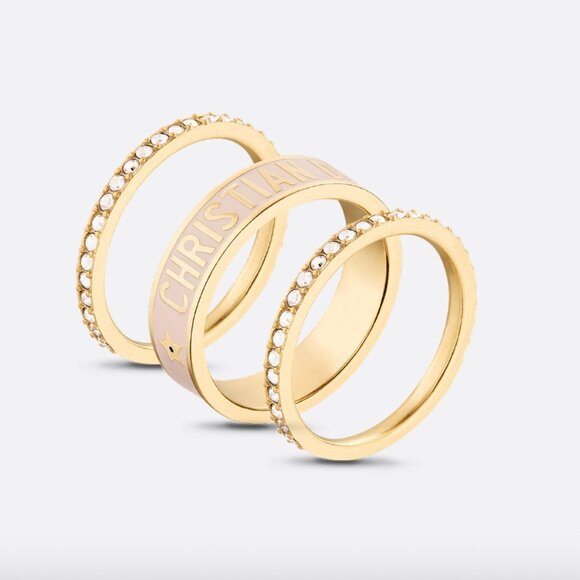 Dior Jewelry - NWT • Dior Code Ring Set of 3  •Gold-Finish w/Crystals + Sand Pink Lacquer • MED